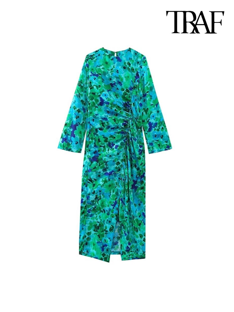 TRAF Women Fashion Front Ruched With Tied Floral Print Midi Dress Vintage O Neck Long Sleeve Female
