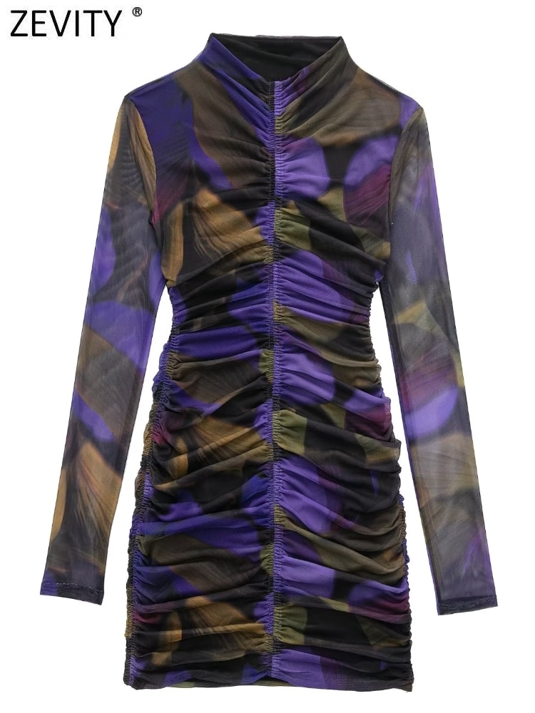 Zevity New Women Fashion Contrast Color Floral Print Purple Mesh Slim Mini Dress Female Chic Long