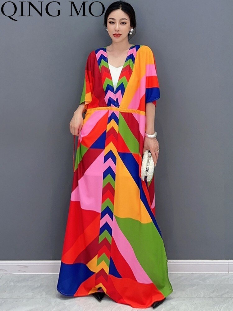 Summer New Korean Style Short Sleeve Dress V-neck Collar Color Block Waist Slim Large Size Women