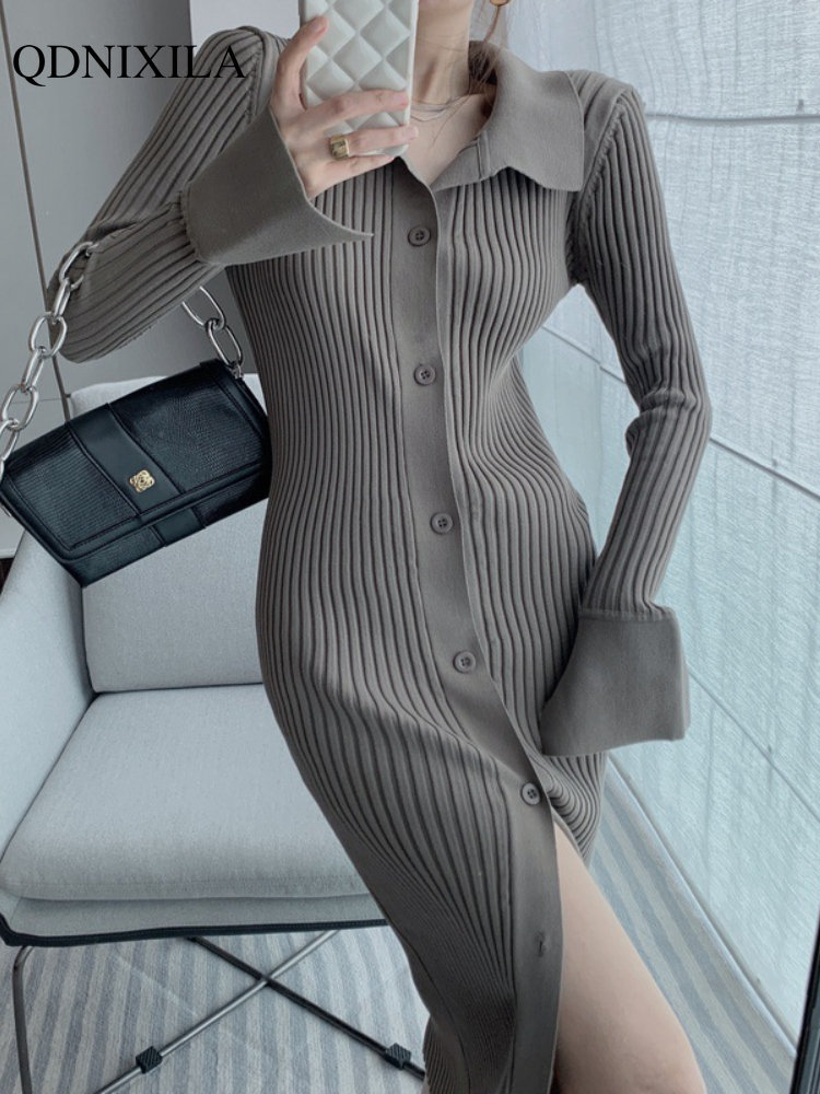 Autumer Winter Knit Casual Long Sleeve Button Elegant Chic POLO Collar Slim Sweater Dress for Women