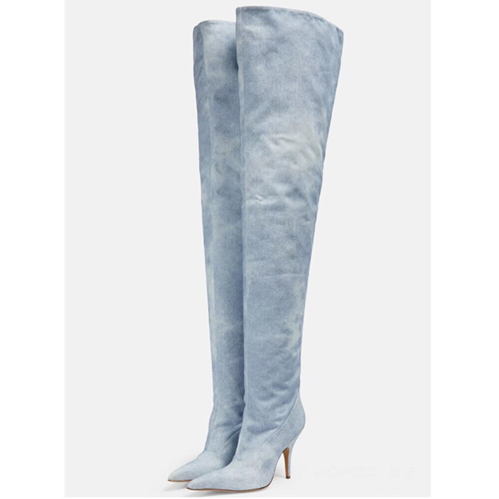 Processing Time:7-15 days after placing orders European and American Brand Catwalk Boots Women's Summer Sexy Thin High Heel Elastic Denim Knee Sleeve Boots