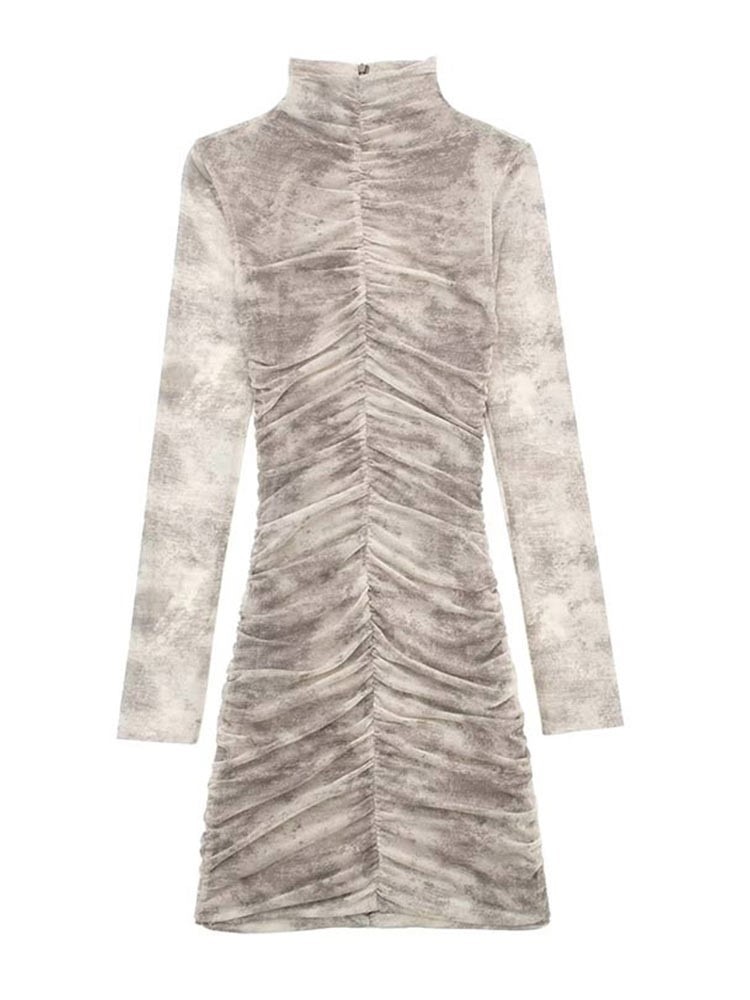 Women Elegant Pleated Tulle Print Dress 2023 Spring Street Slim Long Sleeve Dresses Fashion Office