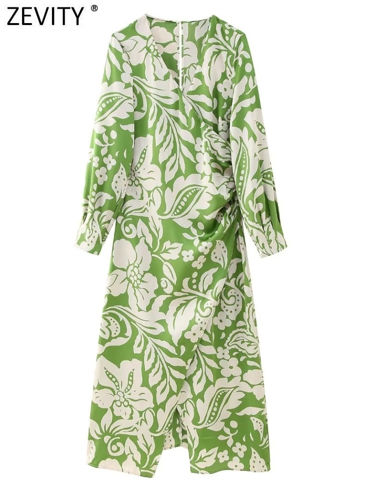 Zevity Women Fashion Cross V Neck Flower Print Pleat Design Midi Dress Female Chic Back Zipper