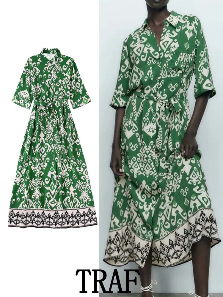 TRAF 2023 Woman Print Splicing Shirt Long Dress Vintege Long Sleeve With Belt Female Autumn Loose