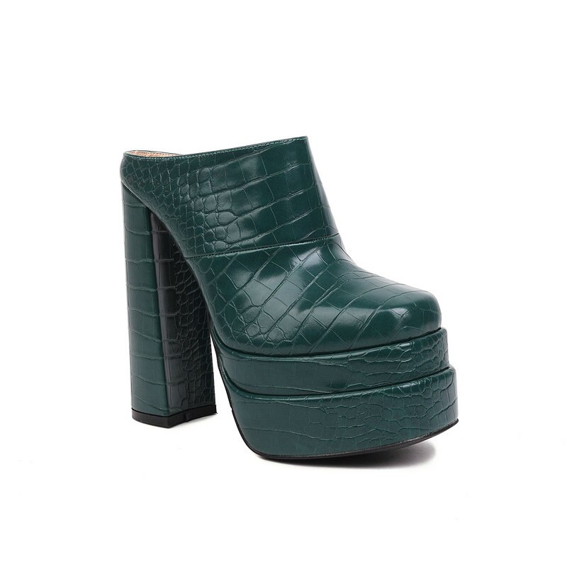 processing time:3-5 days after placing orders--Gold Olive Closed Toe Sexy Super Block High Heels Womens Slides Sandals Crocodile PU Skin Leather Insole Platform Slippers Mules image 107