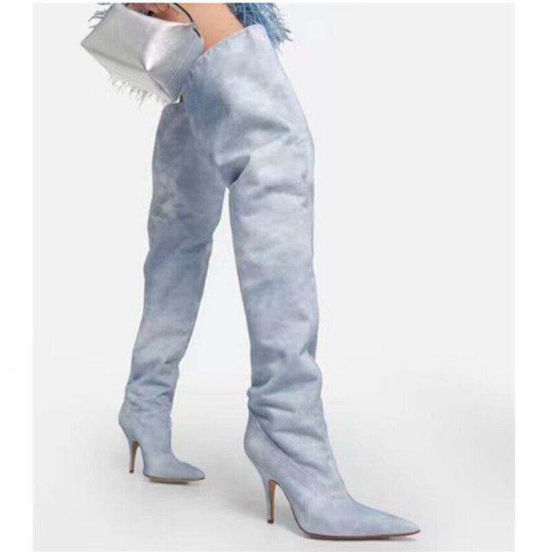 Processing Time:7-15 days after placing orders European and American Brand Catwalk Boots Women's Summer Sexy Thin High Heel Elastic Denim Knee Sleeve Boots image 13
