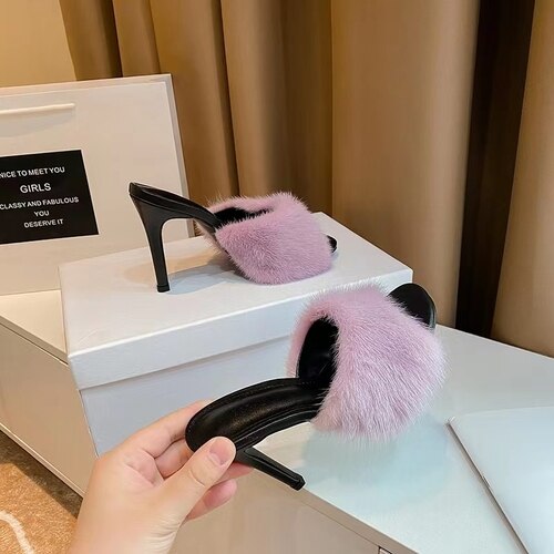 slim heel open-toe sandals women's mink hair sexy one-half hair high-heeled sandals image 60