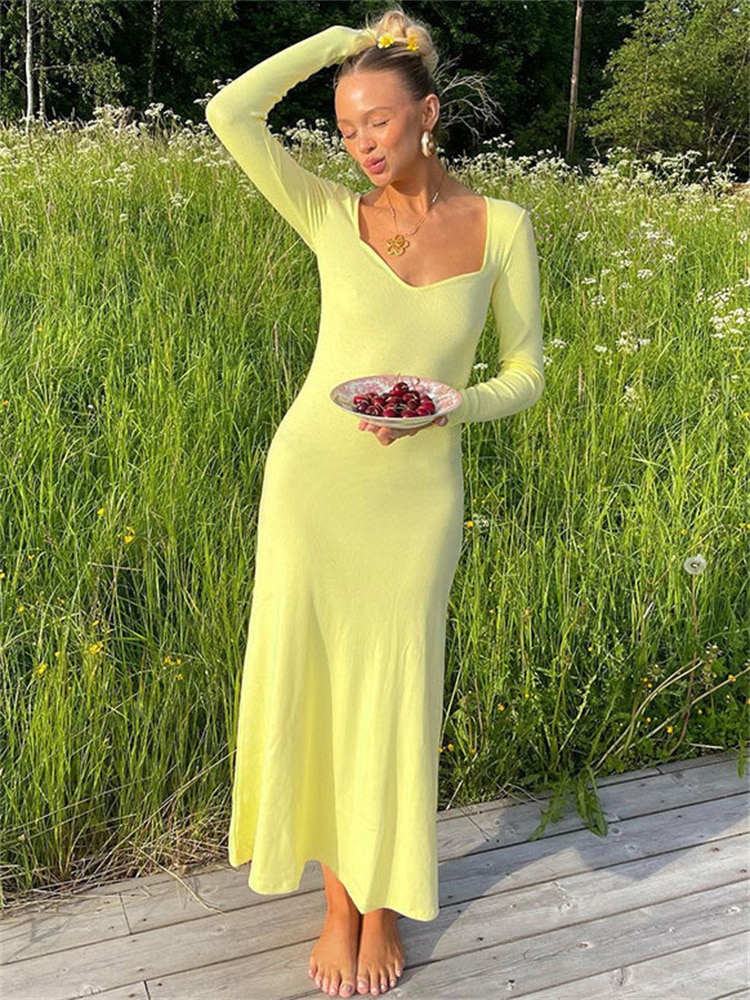 Tossy Knit Long Sleeve Maxi Dress Female Slim Solid Party Dress High Waist Knitwear Elegant Fashion