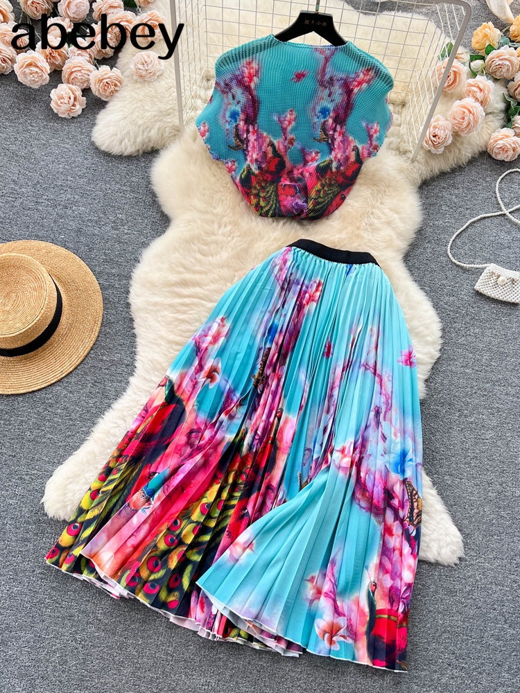 Summer Floral Bohemian Printed Vacation Beach 2pcs Set Women Short Sleeve Tops And High Waist