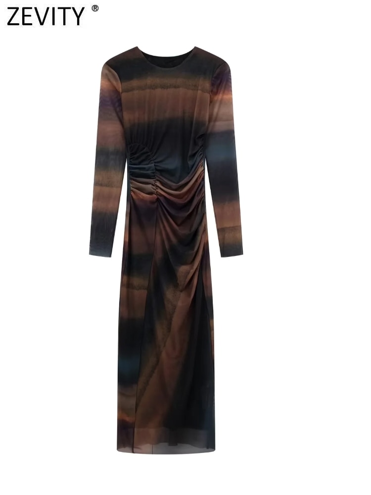 Zevity Women Vintage O Neck Contrast Color Tied Dyed Print Mesh Midi Dress Female Chic Elastic Pleat