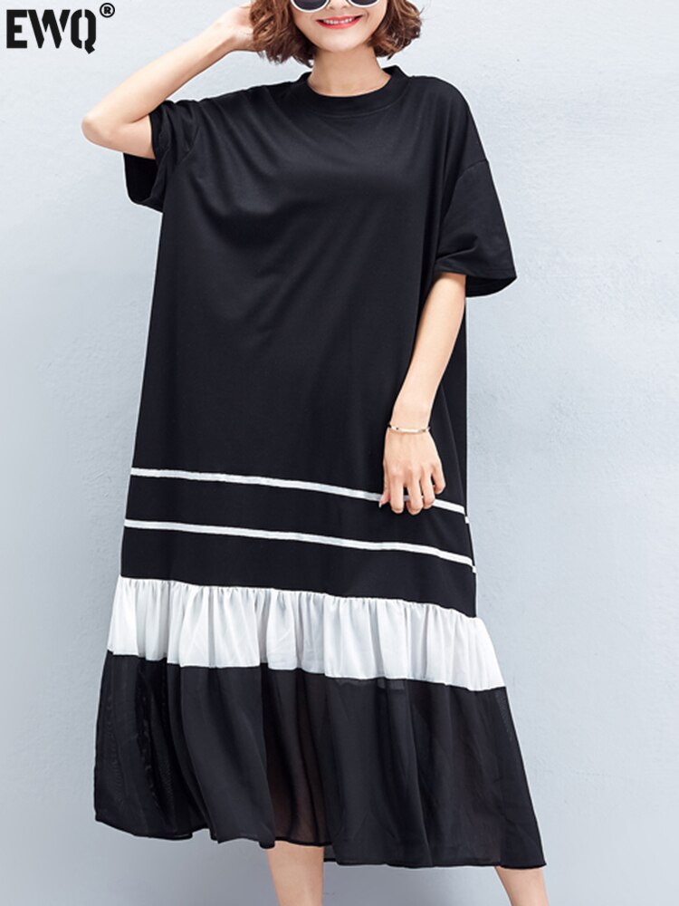 [EWQ] Women Black White T-shirt Dress Big Size Loose Short Sleeve Hem Gauze Patchwork O-neck Dresses