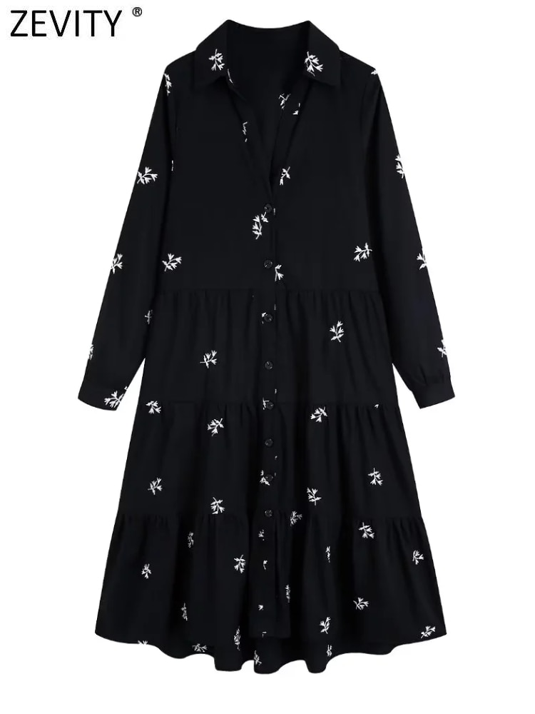 Zevity 2023 Women Vintage Floral Embroidery Casual Midi Shirt Dress Office Lady Chic Long Sleeve