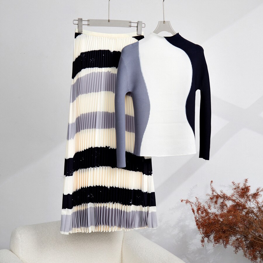 Miyake Women Pleated Skirt Suit Spring Stretch Long Sleeve+High Waist Dress New Arrivals Temperament