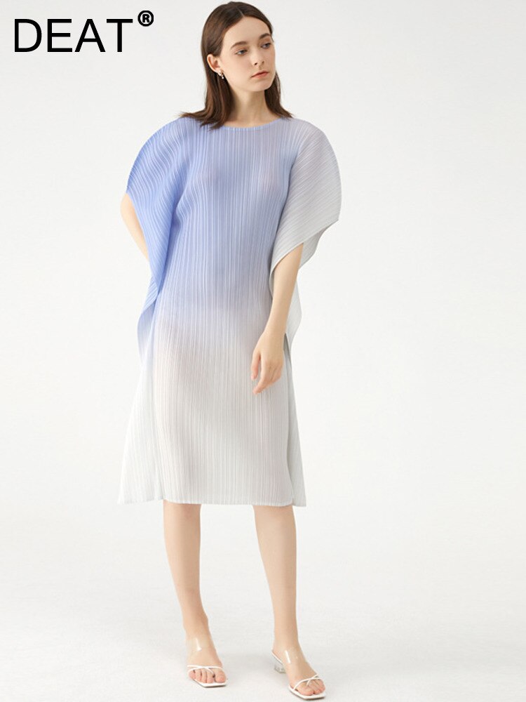 DEAT Gradient Pleated Midi Dress Woman Batwing Sleeve Ruffles Straight Casual Style Loose Dresses