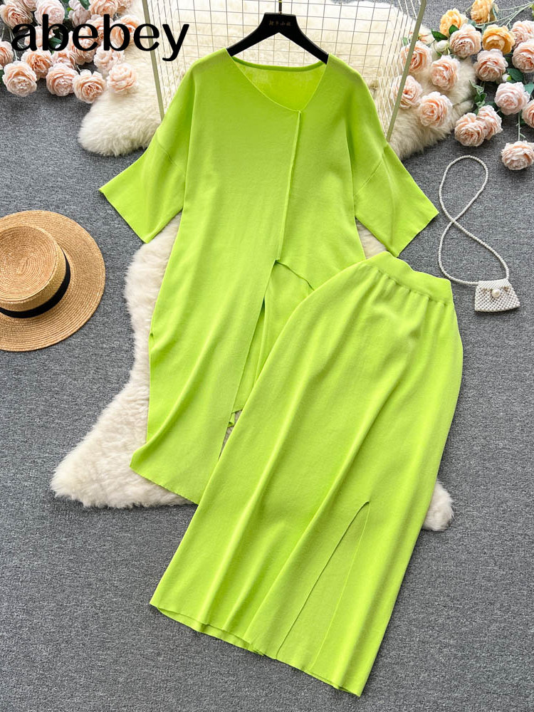 Summer Loose Beach Suits Fashion V Neck Short Slevees Long T Shirt+A Line Long Skirts Hollow Out