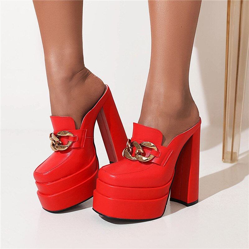 processing time:3-5 days after placing orders--Women Sandals Genuine Leather Super High Heels Slippers Platforms Mules Wedding Party Shoes Woman Chain Pumps image 45