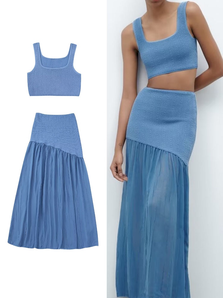 TRAF Fashion Women Solid Knitted Skirts Sets 2023 Summer Square Collar Sleeveless Tank Tops High