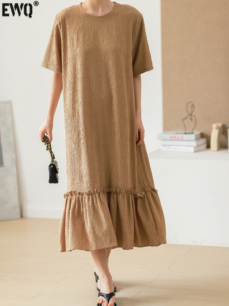 [EWQ] Elegant Women Ruffle Patchwork Dress Loose Fashion O-neck Solid Color Short Sleeve Dresses