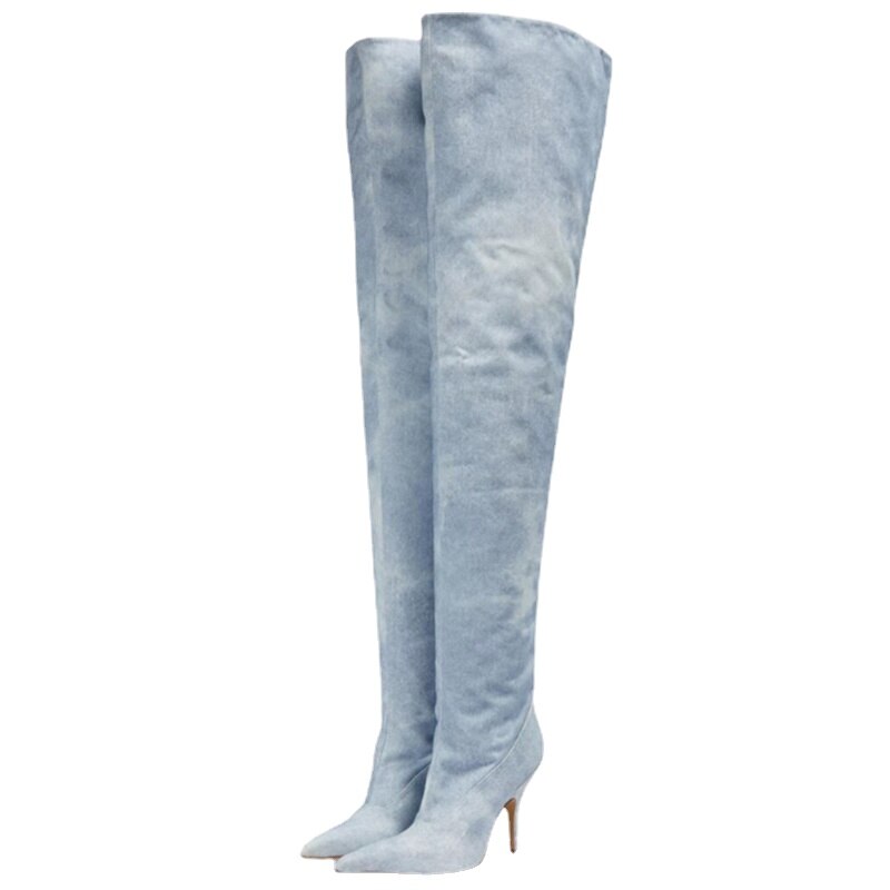 Processing Time:7-15 days after placing orders European and American Brand Catwalk Boots Women's Summer Sexy Thin High Heel Elastic Denim Knee Sleeve Boots