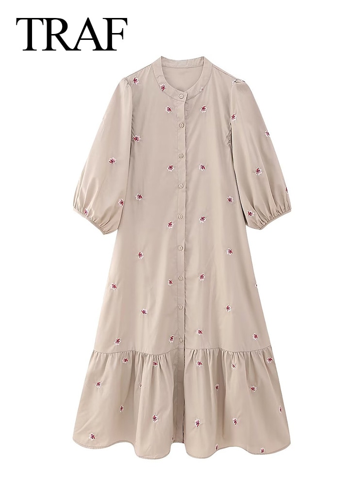 TRAF Summer Woman Long Casual Loose Dress O-neck With Buttons Ruffles Lantern Sleeve O-neck Female