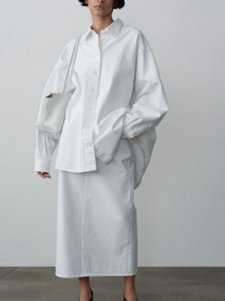 Women Shirt Autumn and Winter New Solid Color Oversize Loose Arc Long-sleeved Shirt
