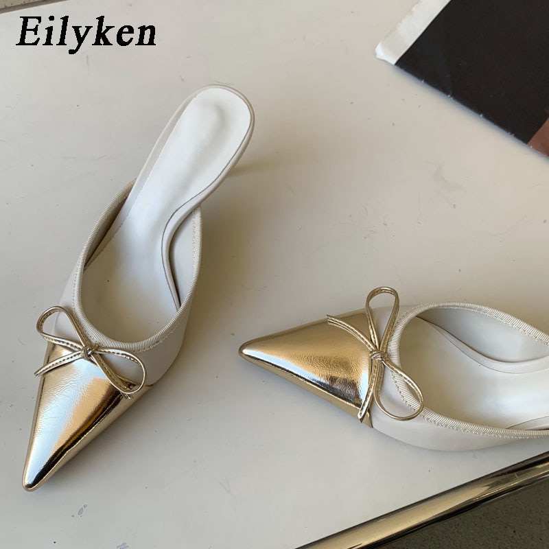 Spring Pointed Toe Women Slipper Butterfly-knot Shallow Slip On Ladies Mules Shoes Thin High Slides image 10