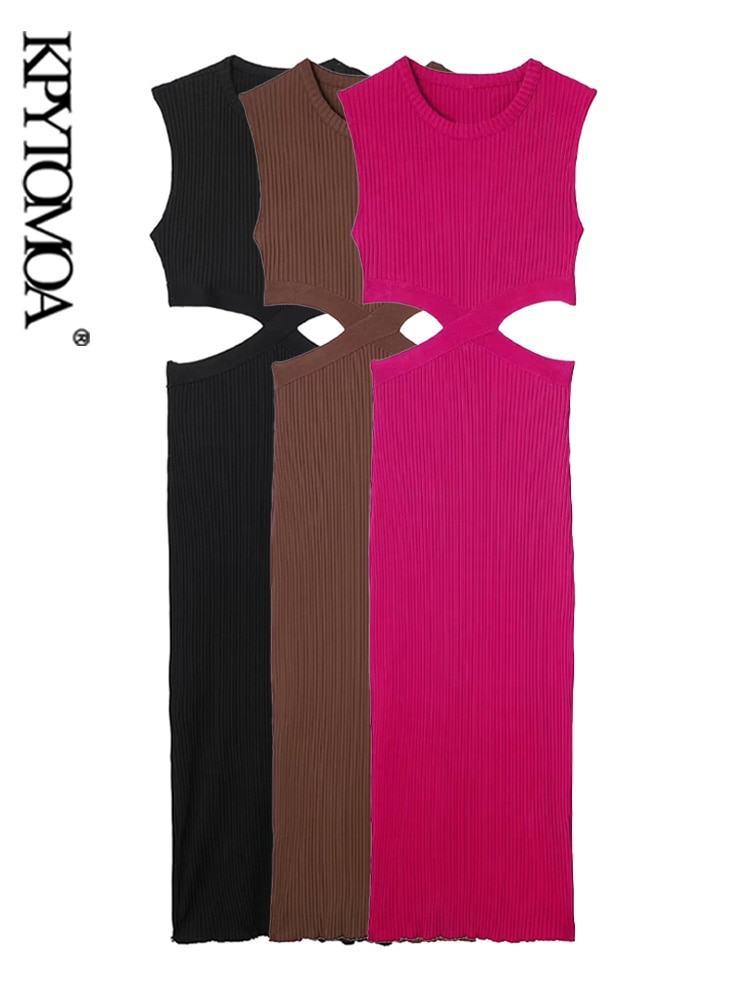 KPYTOMOA Women Fashion Hollow Out Knit Midi Dress Vintage O Neck Sleeveless Female Dresses Vestidos