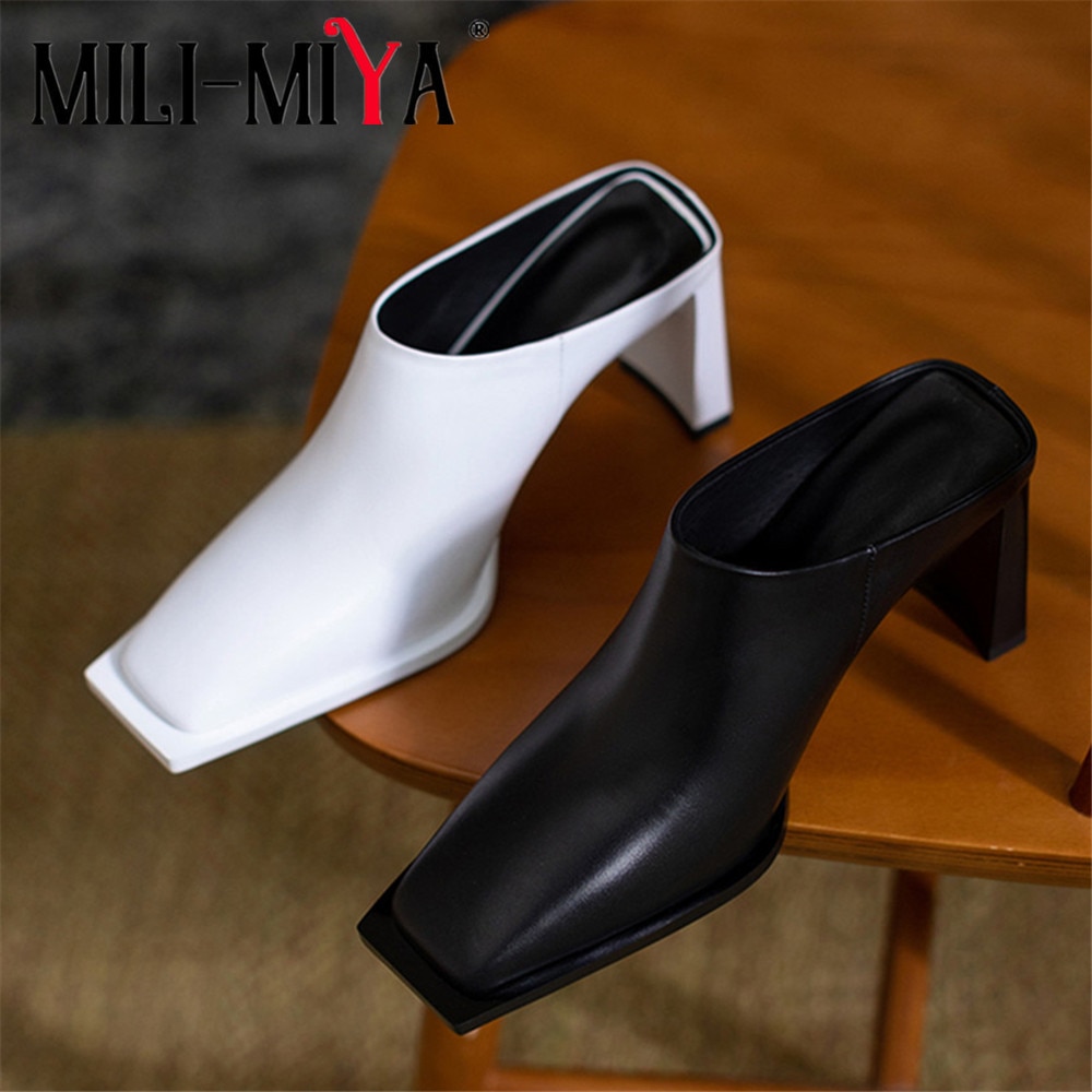 Processing Time:7-15 days after placing orders MILI-MIYA Square Toe Solid Color Women Full Genuine Leather Thick Heels Slip On Dress Party Summer Shoes Size 34-40