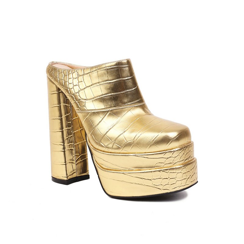 processing time:3-5 days after placing orders--Gold Olive Closed Toe Sexy Super Block High Heels Womens Slides Sandals Crocodile PU Skin Leather Insole Platform Slippers Mules image 88