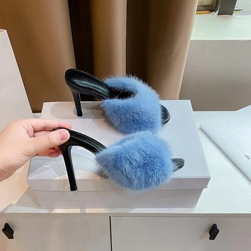 slim heel open-toe sandals women's mink hair sexy one-half hair high-heeled sandals image 55