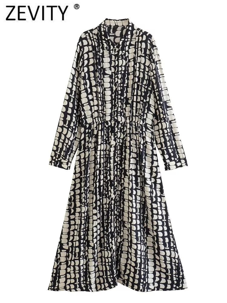 Zevity New Women Vintage Geometric Patchqork Print Breasted Slim Midi Shirt Dress Office Lady Chic