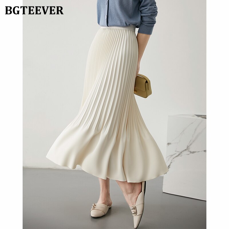 BGTEEVER Stylish High Waist Female Pleated Skirts Spring Summer Loose Women Midi Skirts Elegant