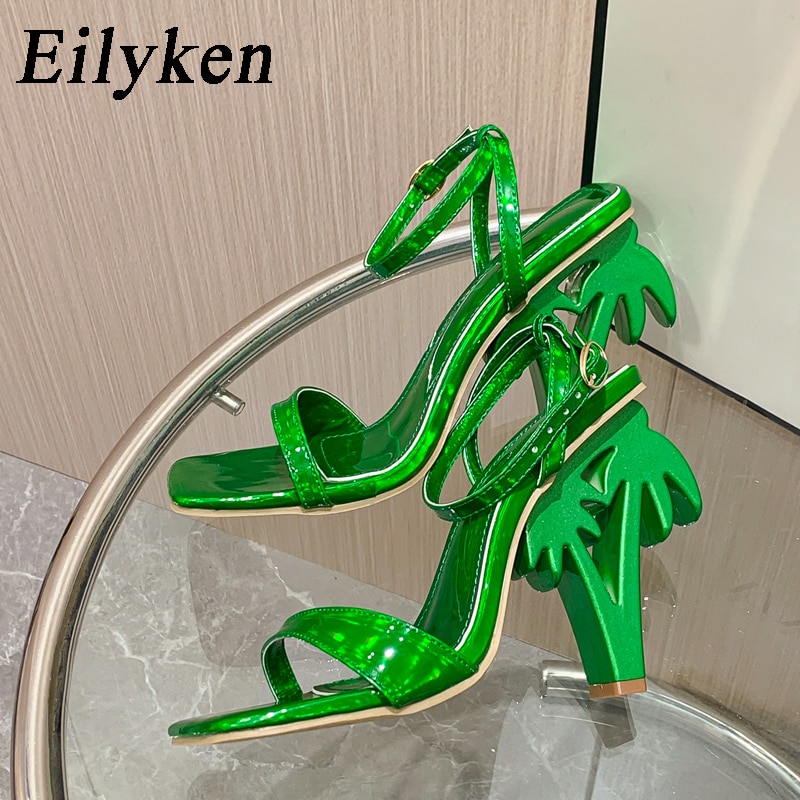 Eilyken Sexy Green Ankle Cross Strap Sandals Women Summer Open Toe Club Stripper Design Fretwork Heels Ladies Shoes