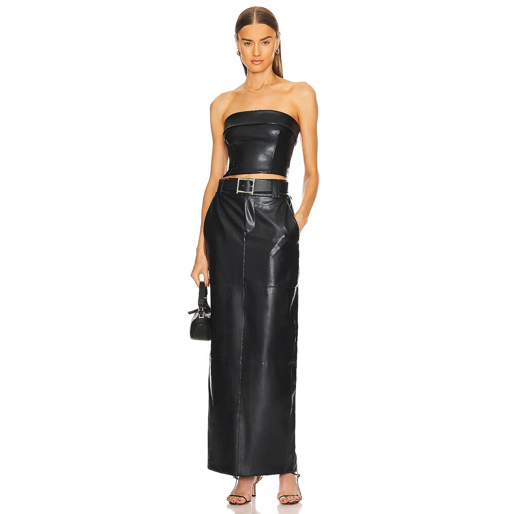Black PU Leather Two-Piece Club Dress Set belt