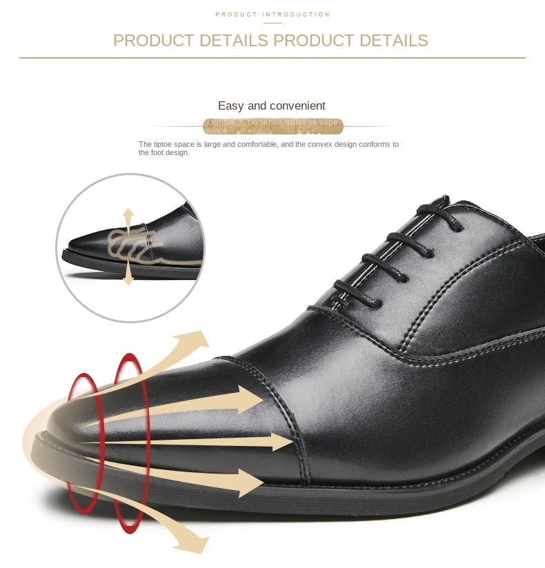 2023 New lace-up pointed soft soled three-joint leather height-increasing Business men's Oxford Dress Shoes