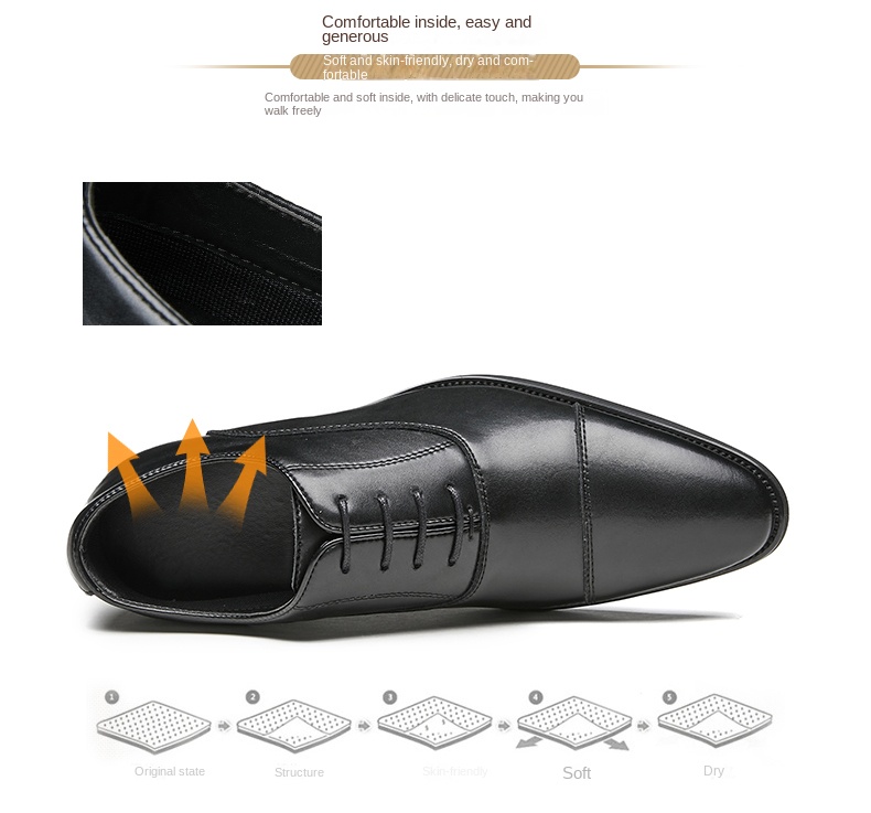 2023 New lace-up pointed soft soled three-joint leather height-increasing Business men's Oxford Dress Shoes