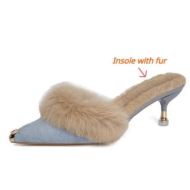 Women High Heel Shoes Fur Slippers Mules Pointed Toe Furry Slides Elegant Luxury Designer Flip Flops Office Pumps image 3