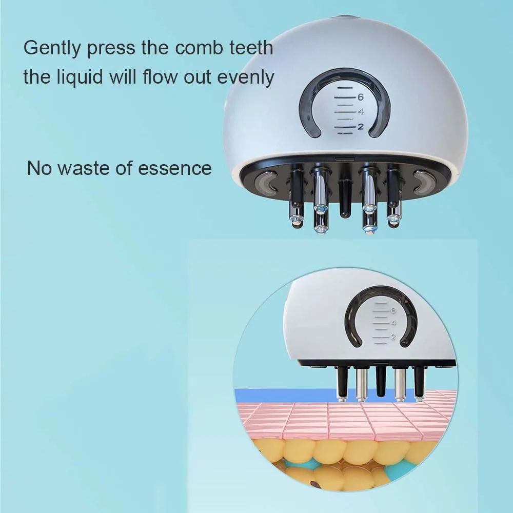 Cross‑section diagram showing liquid penetration into hair follicles with even distribution from the comb’s needle tips