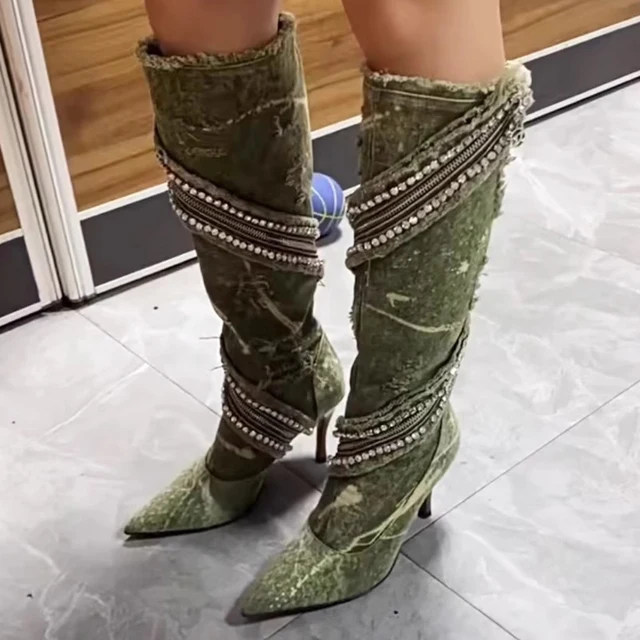 Streetwear Shiny Diamond High Heel Pointed Toe Knee Length Denim Boots New Autumn Winter Crystal