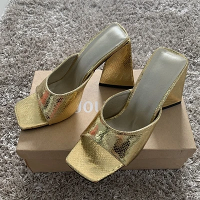 Women's Gold Leather Slipper Shoes Woman High Heels Summer Peep Toe Slippers Women Party Sandal Shoe Dress Slides image 4