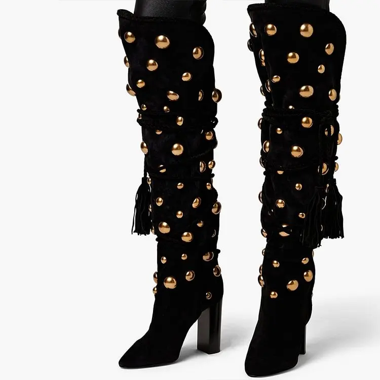 Studs Knee Boots Black Pointed Toe Velvet Shoes Women's Chunky Heel Tassel Fringe Metal Ball Cool