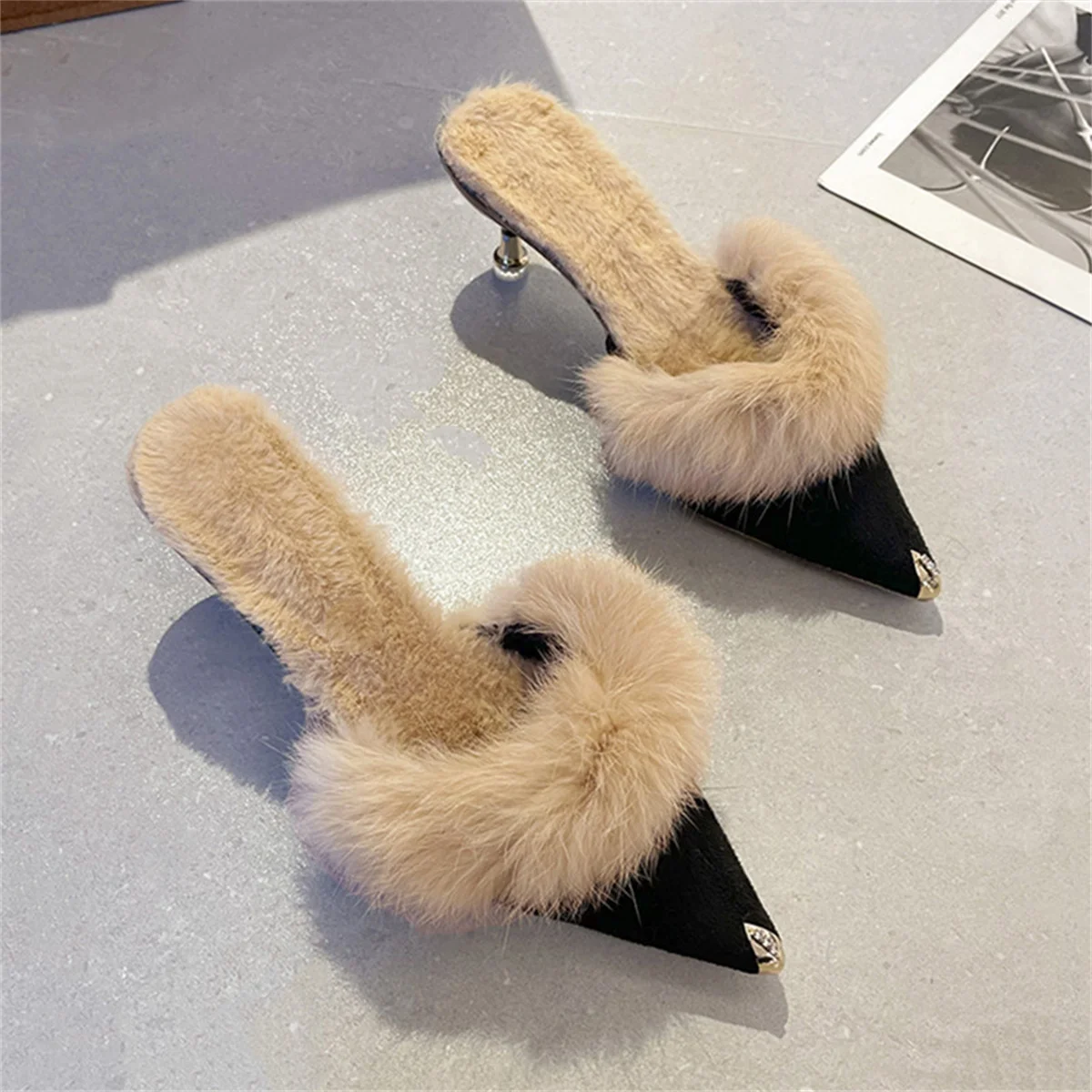 Women High Heel Shoes Fur Slippers Mules Pointed Toe Furry Slides Elegant Luxury Designer Flip Flops Office Pumps image 12