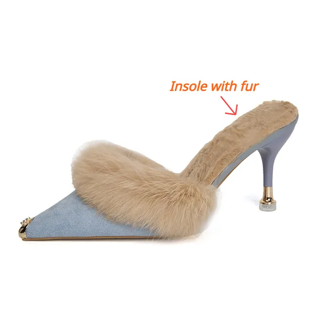 Women High Heel Shoes Fur Slippers Mules Pointed Toe Furry Slides Elegant Luxury Designer Flip Flops Office Pumps image 5
