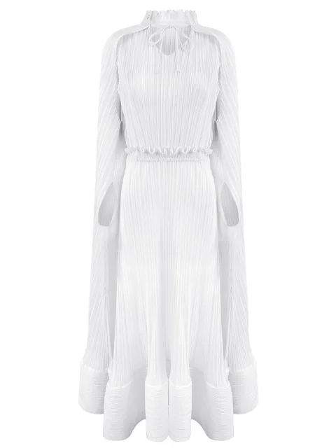 Miyake Pleated Cloak Sleeves High Waist Dress Women Autumn New Original Designer Sweetheart Neck