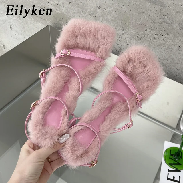 Brand Plush Fur Fuzzy Sandals Women Thin Heels Square Toe Ankle Lace Up Buckle Strap Slides Shoes image 4