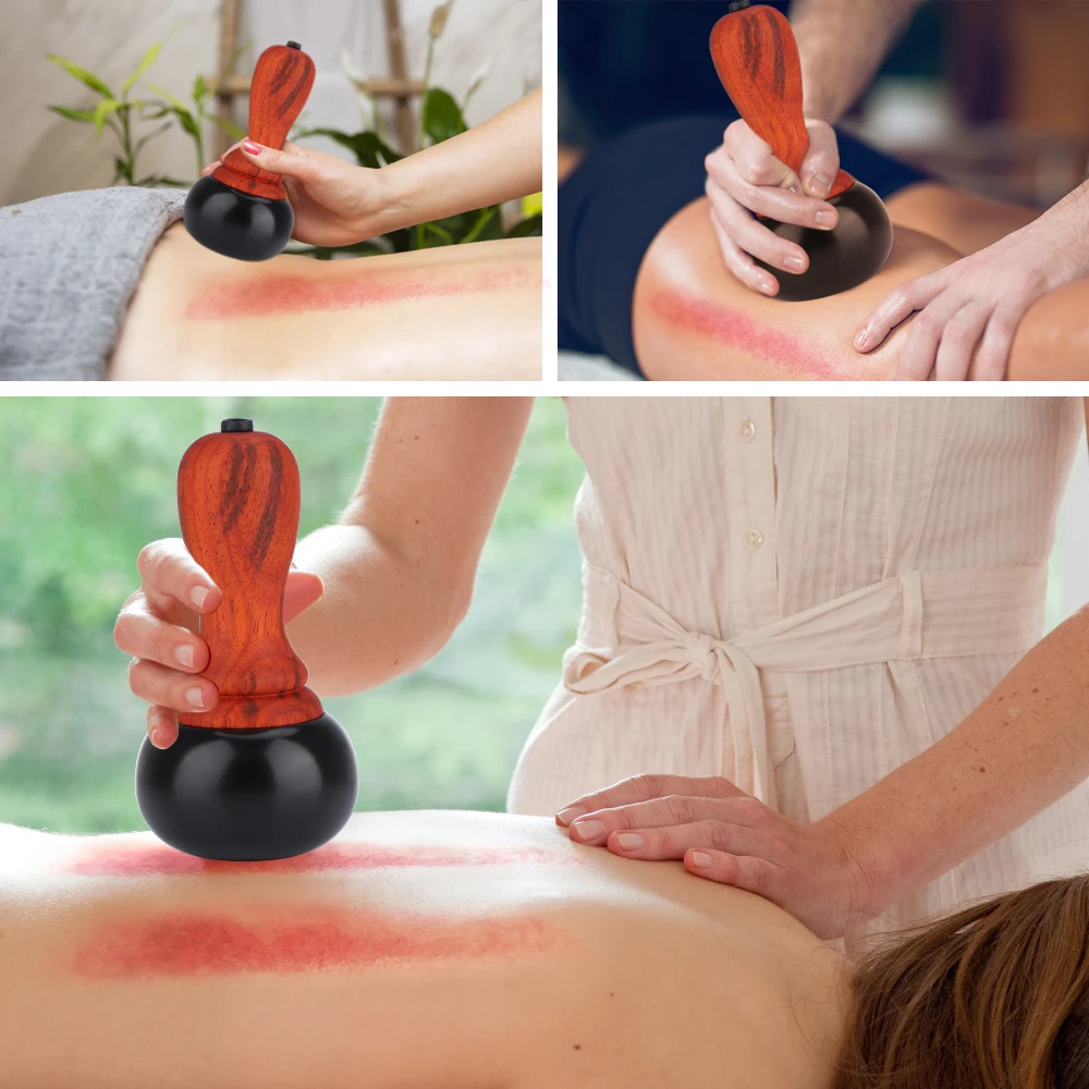 Close-up of device gliding across tense back muscles, visible tension lines