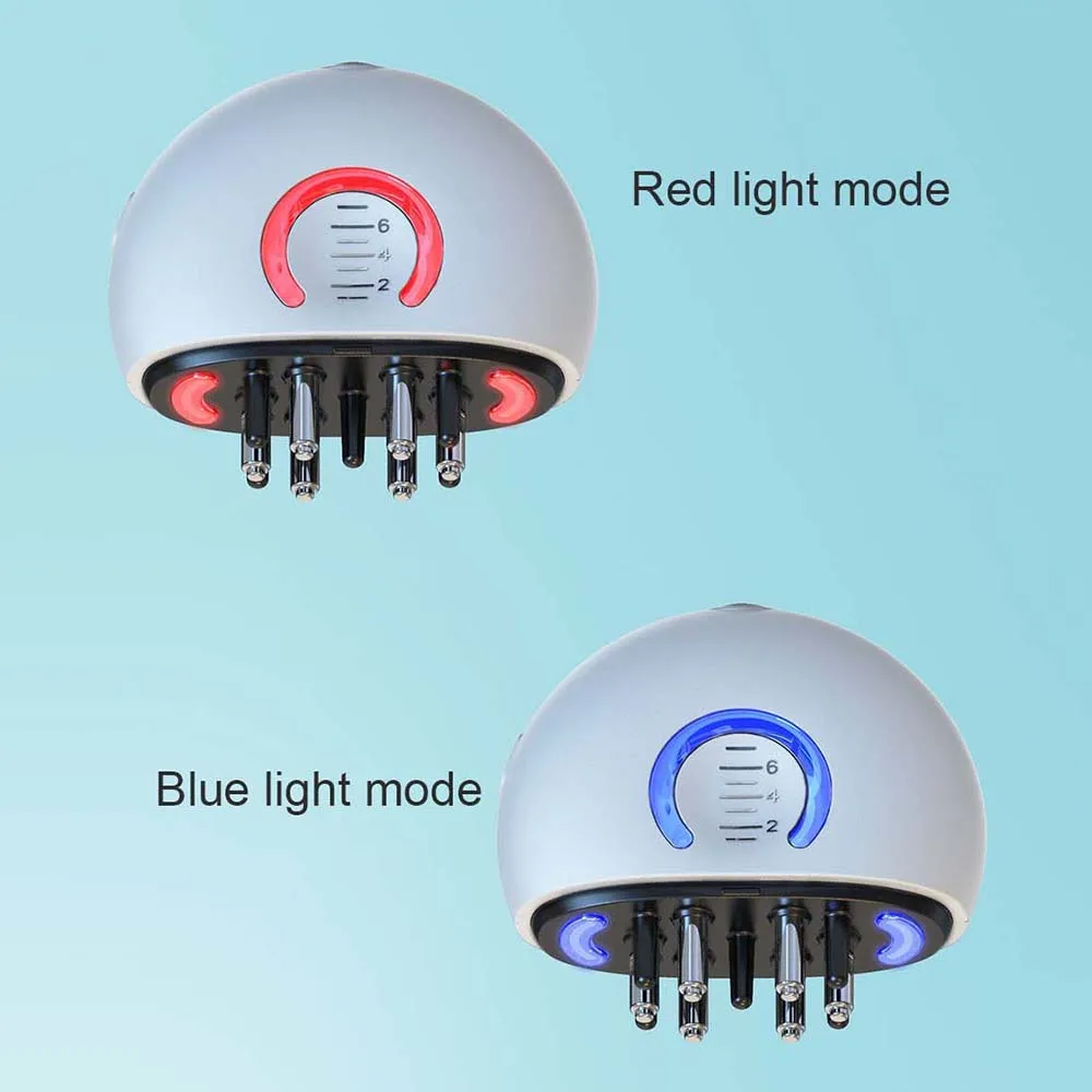 Two product variations showing illuminated red light therapy mode and blue light therapy mode with labeled controls