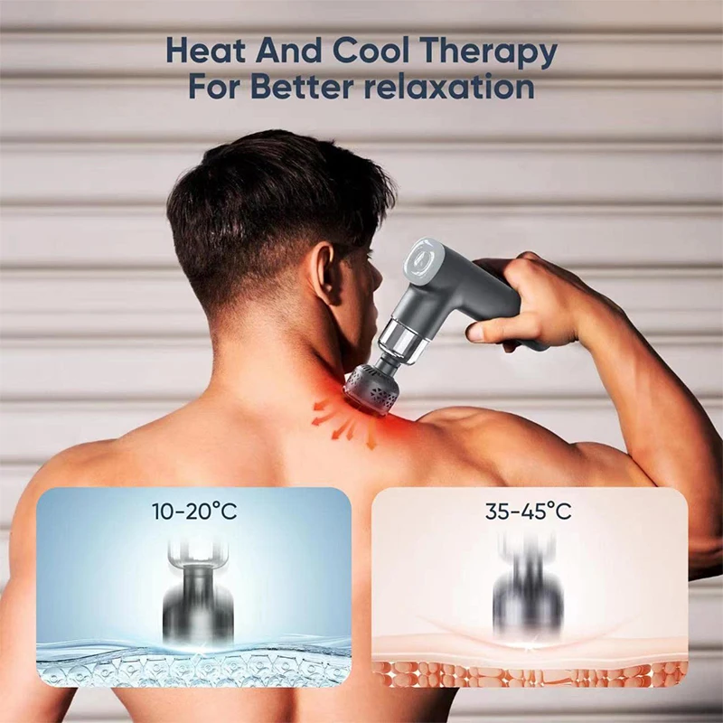 Man using smart massage gun on neck, feeling relief from tension