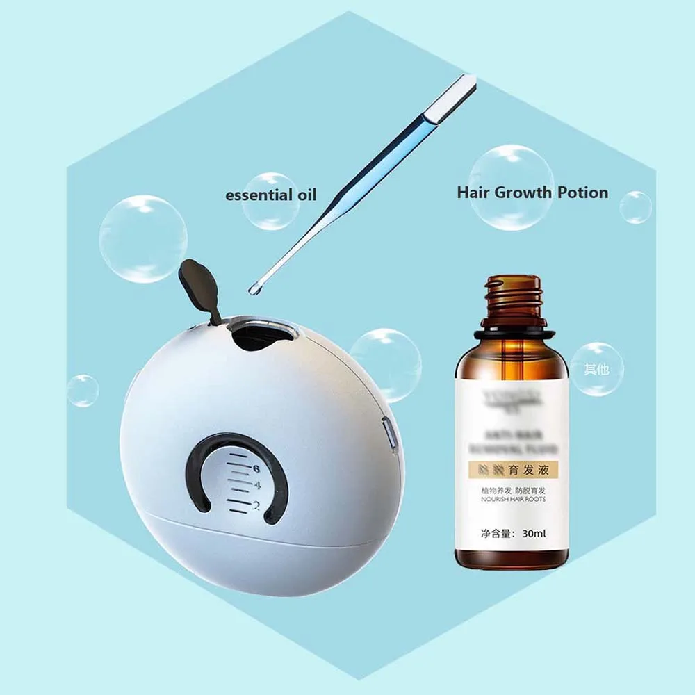 Complete kit of LED scalp applicator, amber Hair Growth Potion bottle, application brush, and essential oil droplets on light pastel background