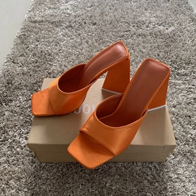 Women's Gold Leather Slipper Shoes Woman High Heels Summer Peep Toe Slippers Women Party Sandal Shoe Dress Slides image 3
